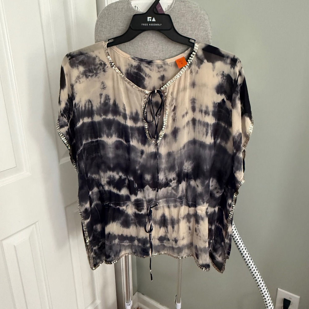 100% Silk Tie Dye Kaftan Top XS Sequin Beaded Boho Resort Sheer Tunic Tie-Dye